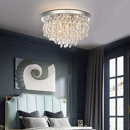 A1A9 Modern Crystal Chandeliers Ceiling Lights, Clear K9 Crystal Chrome Flush Mount Lights, Elegant Round LED Pendant Lamp for Living Room, Dining Room, Bedroom, Lounge (Diameter 40cm)