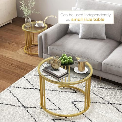 HOMCOM Nest of Tables, Round Coffee Tables Set of 2 with Tempered Glass Top and Steel Frame for Living Room, Gold Tone