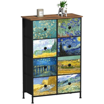 VEDECASA Van Gogh Drawer Dresser for Bedroom Chest of Drawers with Sturdy Steel Frame Wood Top Drawer Storage Organizer for Entryway Living Room Hallway Office (8 Drawers)