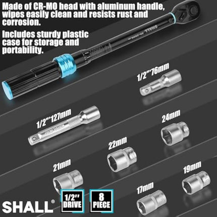 Shall 7-Piece 1/2" Torque Wrench Set, (20-220Nm) Dual Direction Adjustable 72 Tooth for Suitable for car and Motorcycle Maintenance,with Extension Pole and Storage Box
