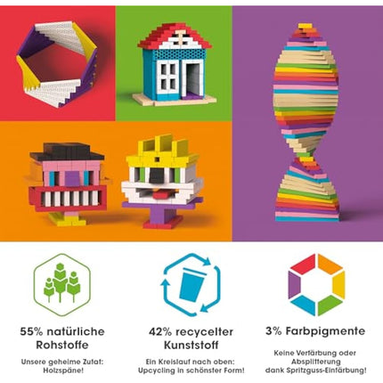 bioblo Hello Box Ocean Mix with 100 Pieces, Sustainable Colourful Building Blocks for Children from 3 Years, Wooden Building Blocks, Children's Toy, STEM Montessori Toy for Stacking and Balancing