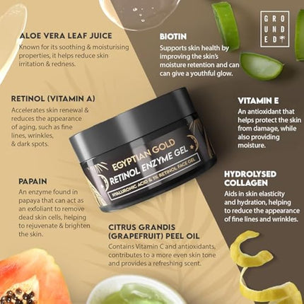 Retinol, Hyaluronic Acid, Aloe Vera & Marine Collagen Enzyme Face Gel. Target Fine Lines & Wrinkles, Made in the UK by Grounded Body
