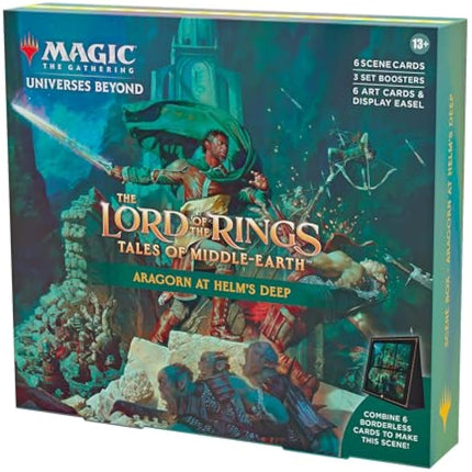 Magic: The Gathering The Lord of the Rings: Tales of Middle-earth Scene Box - Aragorn at Helm’s Deep (6 Scene Cards, 6 Art Cards, 3 Set Boosters + Display Easel)