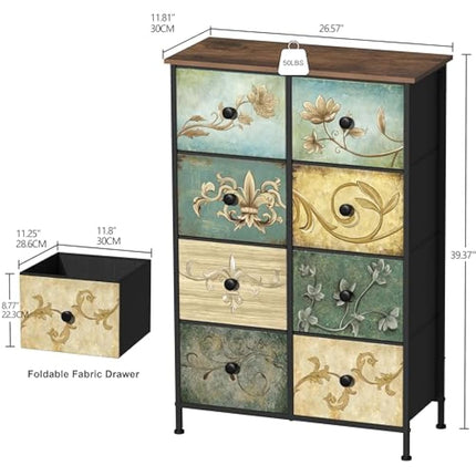 VEDECASA Chest of Drawers with 8 Drawers Narrow Tall Dresser for Bedroom Retro Floral Pattern Clothes Storage Organiser Unit for Living Room Entryway Closet Wood Board Metal Frame