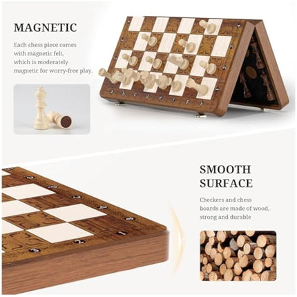 Tumu 2 in 1 Chess Set for Adults Kids - 16 Inch Magnetic Wooden Chess Board with Checkers, 2 Extra Queens, Folding Travel Chess Set with Storage Slots, Gift Toys for Boys Girls