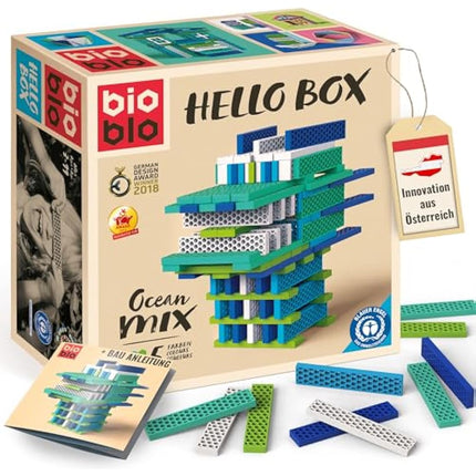 bioblo Hello Box Ocean Mix with 100 Pieces, Sustainable Colourful Building Blocks for Children from 3 Years, Wooden Building Blocks, Children's Toy, STEM Montessori Toy for Stacking and Balancing