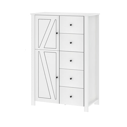 LVB Bedroom Chest Of Drawers, Wooden Bathroom Cabinets With 5 Drawers&2 Doors, 118cm Tall Dressers Storage Organizer, White Oak Wardrobe With Drawers