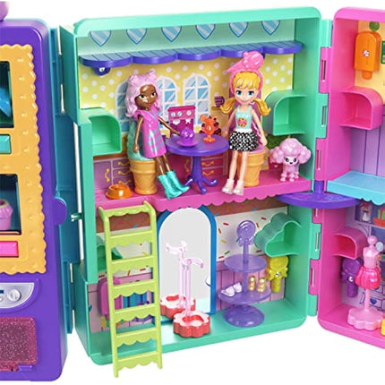 Polly Pocket Playset & 2 Dolls (3-inch), Candy Style Fashion Drop Vending Machine, 2-Stories, 35+ Pieces of Furniture, Clothes & Accessories, HKW12