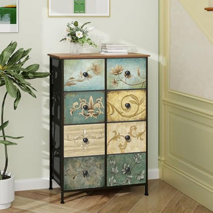 VEDECASA Chest of Drawers with 8 Drawers Narrow Tall Dresser for Bedroom Retro Floral Pattern Clothes Storage Organiser Unit for Living Room Entryway Closet Wood Board Metal Frame