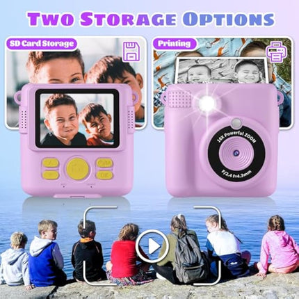Instant Print Camera, Kids Camera Digital Camera 1080P HD Photo and Video Recording with 32G SD Card, 3 Rolls Photo Paper & Colour Pen for Age 6-12 Boys and Girls Birthday Chirstmas Gifts