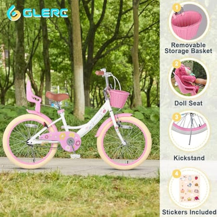 Glerc Maggie 20 Inch Kids Bike for 2-13 Years Old, Girls Bicycle with Doll-Seat & Basket & Stabilisers & Kickstand, Multiple Colors