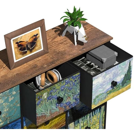 VEDECASA Chest of Drawers Van Gogh Dresser for Bedroom with 9 Drawers Wide TV Stand Storage Organizer Units for Living Room Children's Room Hallway Metal Frame Wood Board Fabric Drawers