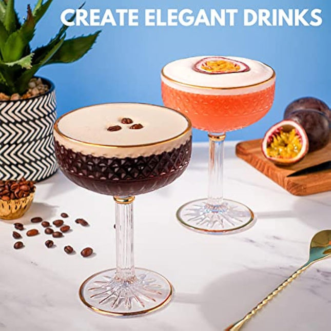 Art Deco Espresso Martini Glasses with Gold Rims| Coupe Cocktail Glasses Set of 2 | Handmade Crystal | Quality Champagne Coupe/Champagne Saucers + Recipe PDF| Large Cocktail Glass | Serve Mocktails