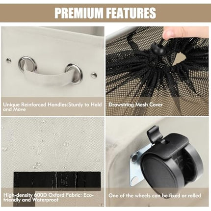 DOKEHOM 25-Inches Slim Laundry Basket on Wheels, Collapsible Rolling Laundry Hamper, Foldable Narrow Corner Clothes Storage Bins (Beige)