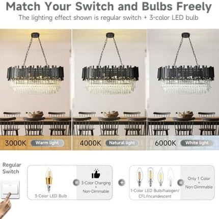 AOOCHOK Modern Crystal Chandelier Black Pendant Light Fixtures, Oval Crystal Pendant Lighting for Living Room, Dining Room, Bedroom, Restaurant, E14 x 8, 80 x 35 cm