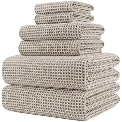 POLYTE Microfibre Oversize, 76 x 152 cm, Quick Dry Lint Free Bath Towel Set, 6 Piece (Beige, Waffle Weave)