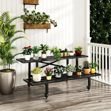 CStern Flower Shelf with Wheels, Metal Flower Stand, 2 Levels Flower Stairs, Black Plant Shelf, Plant Stairs, Flower Bench, Plant Stand, Flower Frame, Plant Shelf for Indoor, Outdoor, Garden, Balcony