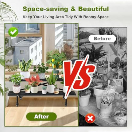 CStern Flower Shelf with Wheels, Metal Flower Stand, 2 Levels Flower Stairs, Black Plant Shelf, Plant Stairs, Flower Bench, Plant Stand, Flower Frame, Plant Shelf for Indoor, Outdoor, Garden, Balcony