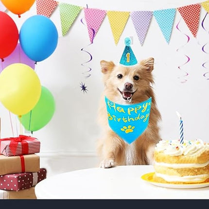 BIPY Blue Dog 1st Birthday Hat Bandana Banner for Boys Small Medium Dogs Cats Soft Bibs Doggy Party Grooming Supplies Celebration Birthday Bandana Set Costumes Headwear