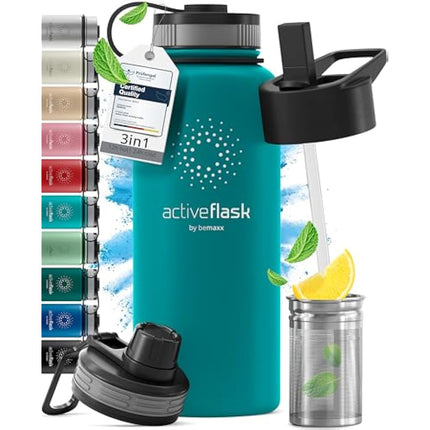 Stainless Steel Water Bottle with Straw & 3 Lids: 1 & 0,5L Leak-Proof BPA-Free Vacuum Insulated ACTIVE FLASK Drinking Bottles Hot Cold: Double Walled Outdoor Drink Thermo Mug Tea Coffee Sport Gym Bike