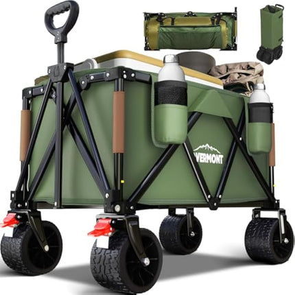 Overmont 150kg Festival Camping Trolley on Wheels - Heavy Duty Folding Beach Wagon Cart with Extra Wide Wheels, Adjustable Handle, Portable for Outdoor, Garden, Shopping, Fishing - Green