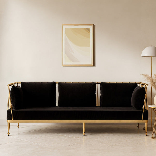 3 Seater Gold Finish Tapered Arms Sofa, Novo