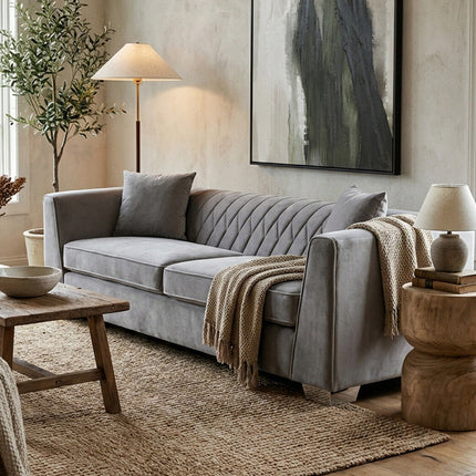 3 Seater Grey Velvet Sofa, Rashika