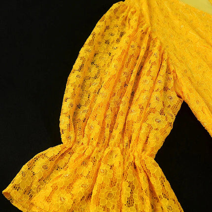 Mlaiscsr Yellow Birthday Prom Floral Lace Puff Sleeve See-Through Midi Dresses