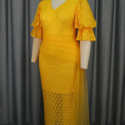Mlaiscsr Yellow Birthday Prom Floral Lace Puff Sleeve See-Through Midi Dresses
