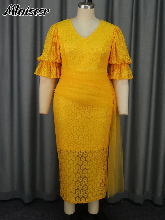 Mlaiscsr Yellow Birthday Prom Floral Lace Puff Sleeve See-Through Midi Dresses