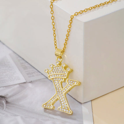 1PCS Fashionable Gold Diamond Crown Uppercase Letter Popular Pendant Necklace Suitable For Daily Use Festivals Parties Gifts Jewelry Set
