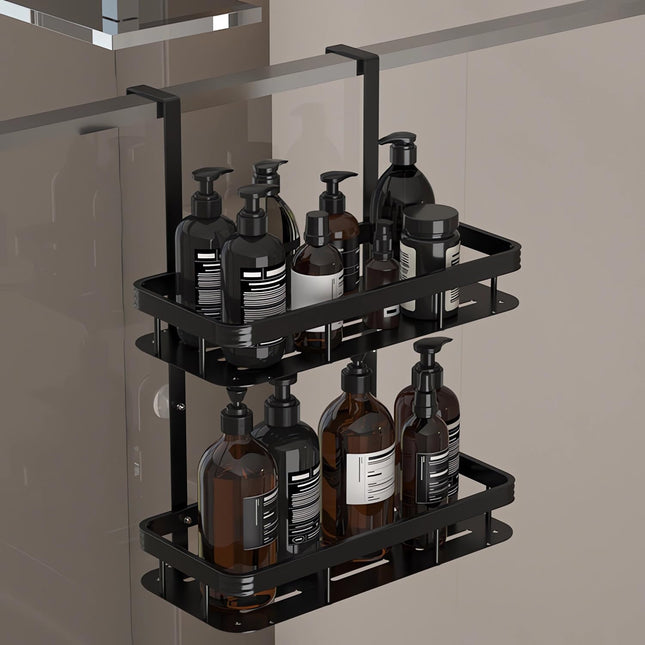 ZYNERY Shower Caddy Hanging, 2 Tier Over Door Shower Shelf With 4 Hooks, Bathroom Storage Rack No Drill for Shampoo and Razor Soap, Bathroom Storage