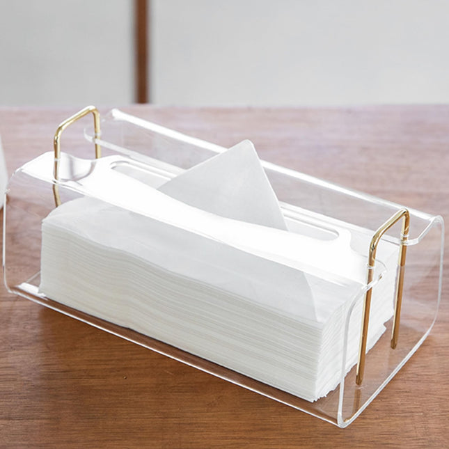 Acrylic Tissue Box Holder Rectangle? with Curved Design - Decorative Modern Crystal Clear Tissue Box Cover with Gold Metal Accents for Home/Office