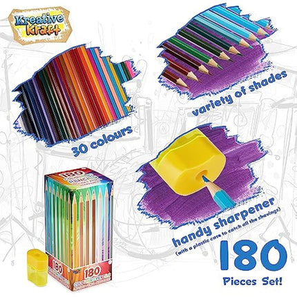 KreativeKraft Coloured Pencils Set of 180 - Colouring Pencils for Kids Teens and Adults - 30 Colours Sharpener Included - Art Supplies School Supplies - Kids Pencils Age 3+