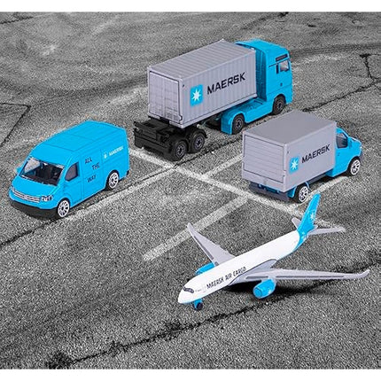 Majorette - MAERSK TRANSPORT VEHICLES (Gift Set) - 4 metal model vehicles (Man Truck, Mercedes-Benz Sprinter, Volkswagen Crafter & Airbus Aircraft), toys for children aged 3+.