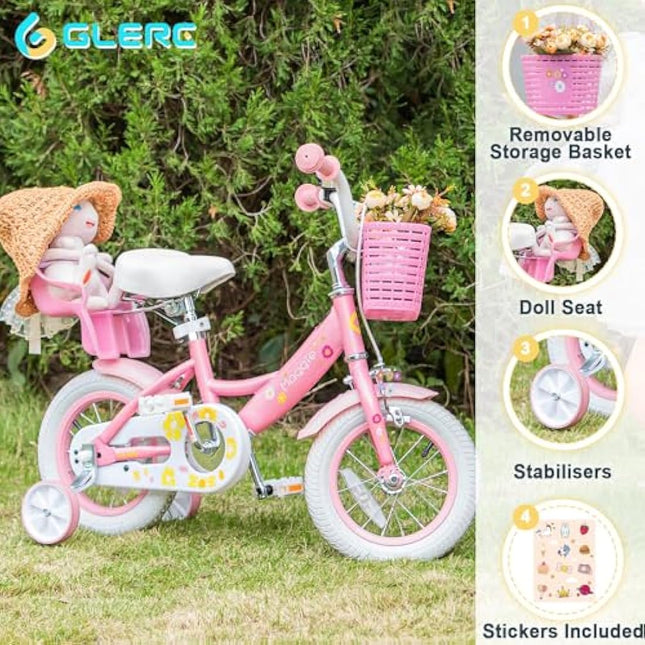 Glerc Maggie 16 Inch Kids Bike for 2-13 Years Old, Girls Bicycle with Doll-Seat & Basket & Stabilisers & Kickstand, Multiple Colors