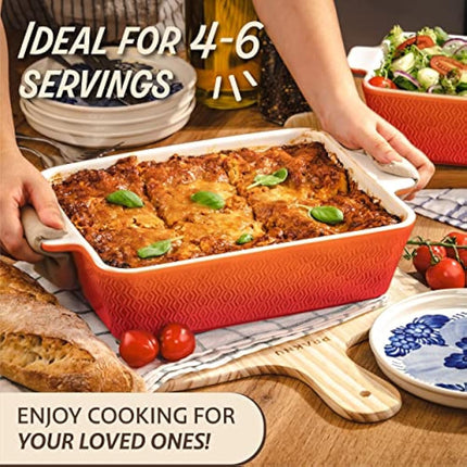 Ceramic Casserole Dish 28cm - Large Baking Dish for Lasagne, Tiramisu - Non-stick Rectangular Bakeware - Extra High Edge - Oven & Dishwasher Safe - Orange