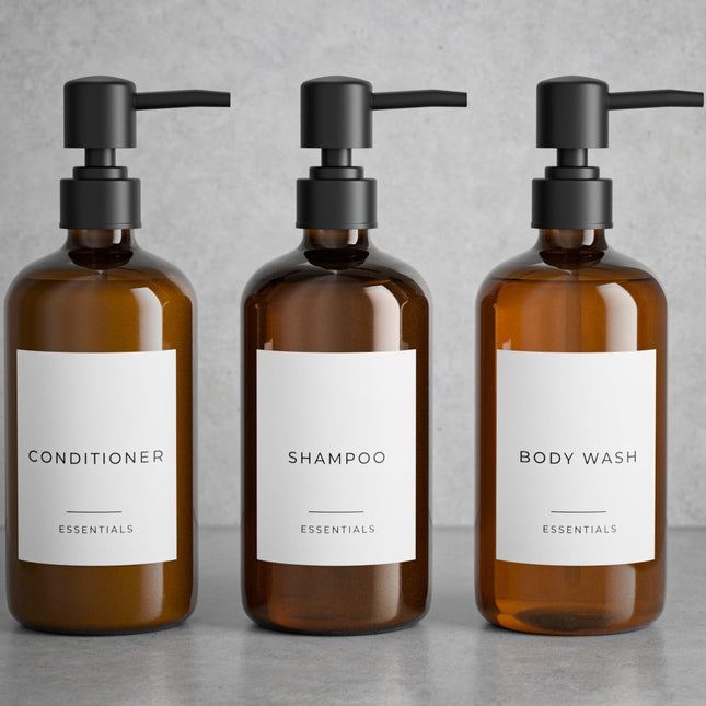 Stylish Shampoo and Conditioner Dispenser, Set of 3, Modern 600ml Shower Soap, PET Bottles with Pump and Labels, Easy to Fill Shower Wash Dispenser