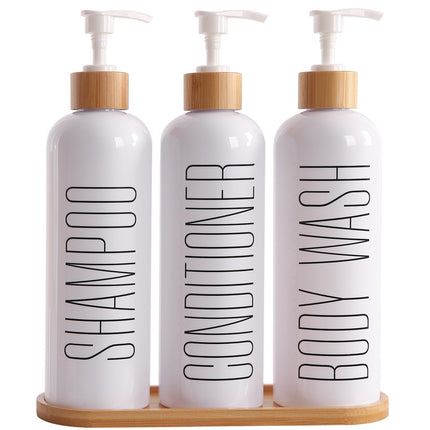 Shampoo and Conditioner Dispenser, Contains Shampoo Conditioner Body Wash, 500ml Refillable Shampoo Bottle with Bamboo Pumps & Tray, Modern Bathroom