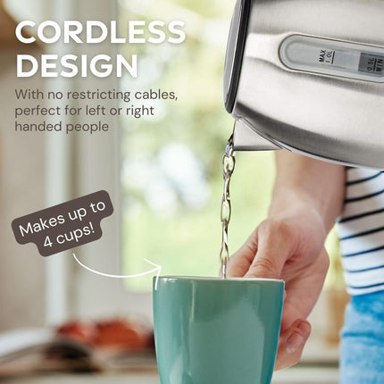 Ex-Pro Electric Kettle, 1.0L Capacity with Quick Boil Time, Boil-Dry Protection and Removable Filter for Fresher Water, 2150W - Stainless Steel