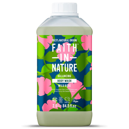 Faith In Nature Natural Wild Rose Body Wash, Balacing Shower Gel, Vegan & Cruelty Free, No SLS or Parabens, 2.5L Refill