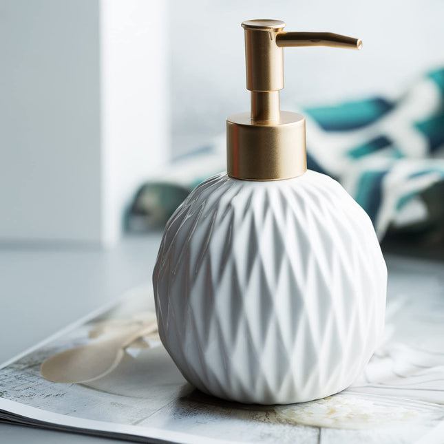 White Hand Soap Dispenser Ceramic, Refillable Shampoo and Conditioner Dispenser Bottle for Bathroom, Rhombus Pump Bottle Dispenser for Kitchen, 400ML.