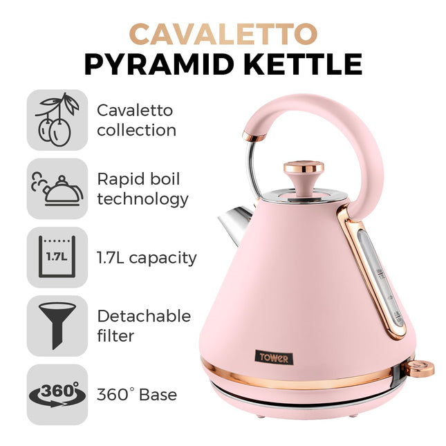 Tower T10044PNK Cavaletto Pyramid Kettle with Fast Boil, Detachable Filter, 1.7 Litre, 3000 W, Marshmallow Pink and Rose Gold