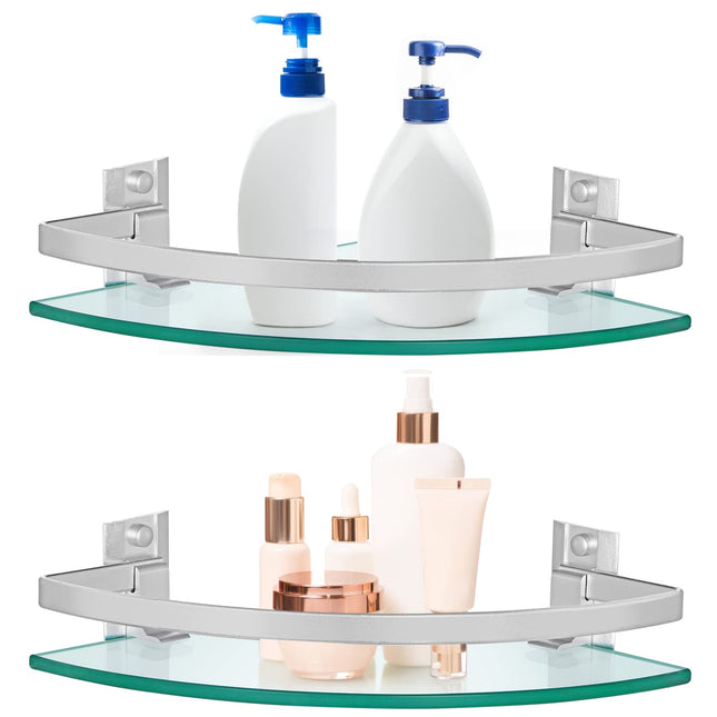 Skelang 2Pcs Bathroom Shower Caddy with Rail, Wall Mounted 240x240mm Shampoo Holder Organizer with 8 Brackets, 8mm Thick Tempered Glass Corner Shelf