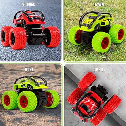 m zimoon Monster Trucks, Pull Back Car Toys 360° Rotation Off-road Friction Powered Vehicle Toy for 3-10 Year Old Boys Girls Kids Birthday Xmas Gift (2 Pack, Green Red)
