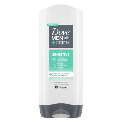 Dove Men+Care Sensitive Men's Body Cleanser shower gel Body Wash, 3-in-1 Hair, Face and Body Wash with 24 hour nourishing MicroMoisture technology for