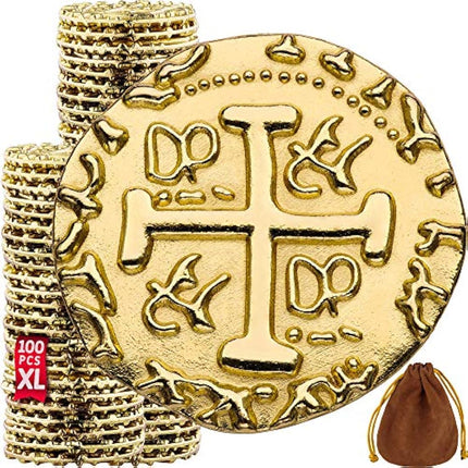 Metal Pirate Coins – 100 Gold Treasure Coin Set, Metal Replica Spanish Doubloons for Board Games, Tokens, Toys, Cosplay – Realistic Money Imitation for Treasure Chest, Large Size 30 mm