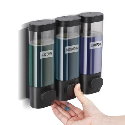 Szmst Shampoo and Conditioner Dispenser, 3 Chamber No Drill Shampoo Dispenser for Shower Wall Mounted Body Wash Conditioner for Bathroom 300ML*3(Black