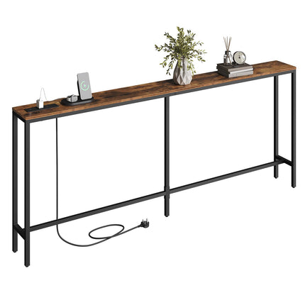 MAHANCRIS Console Table with Power Outlet, 200 CM Narrow Sofa Table, Industrial Entryway with USB Ports, Behind Couch Table for Entryway, Hallway,