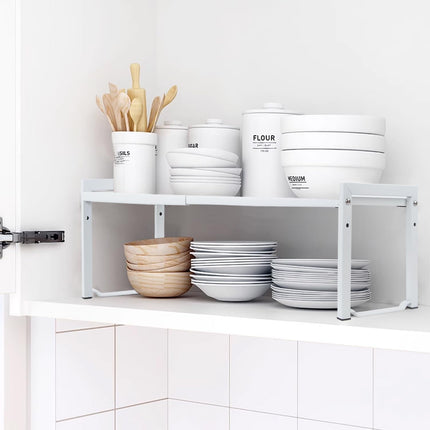 Goodsnetic 2 Packs Expandable Cabinet Shelf 13.8~26"(L), Stackable Kitchen Counter Shelf Organizer, 33LBS Heavy Duty Shelf Riser, Countertop Storage